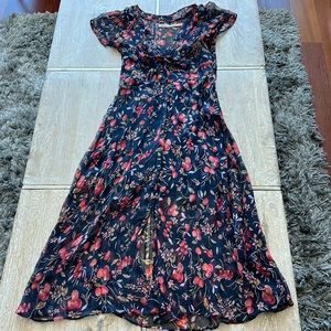 V-Neck Tie-Front Cherry Print Sheer Chiffon Midi Dress